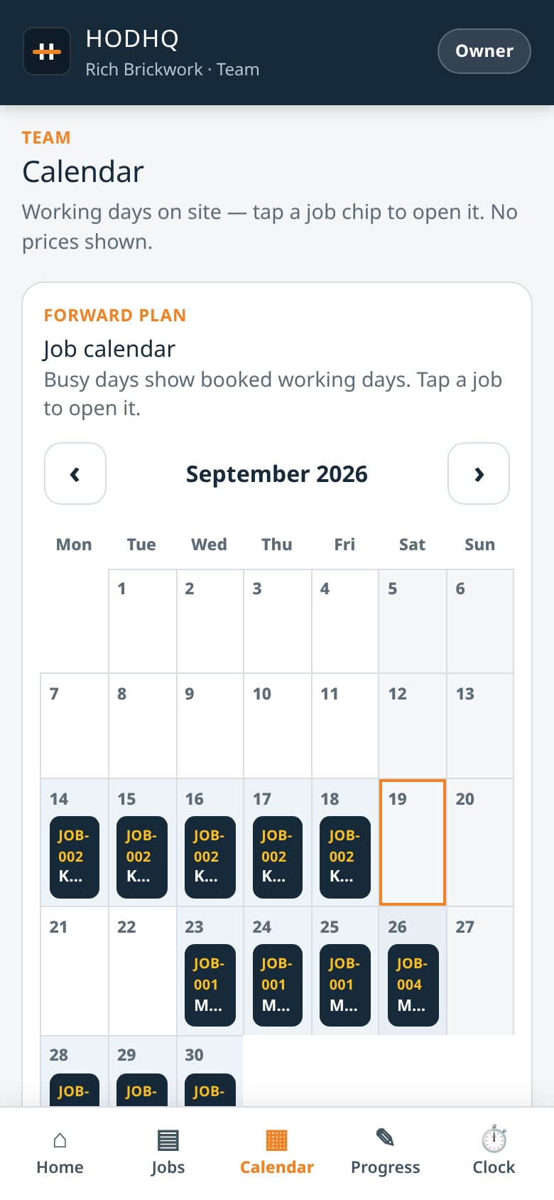 HODHQ team calendar showing job chips across September working days