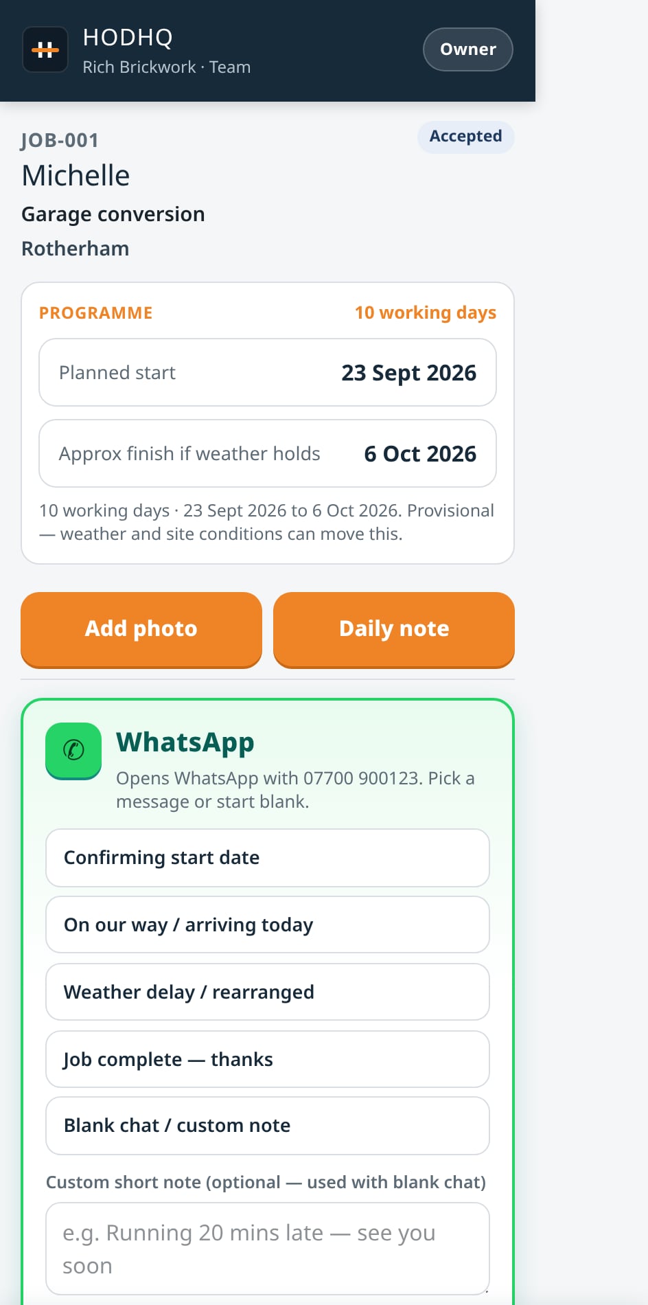 Job detail for Michelle garage conversion showing programme dates and WhatsApp templates