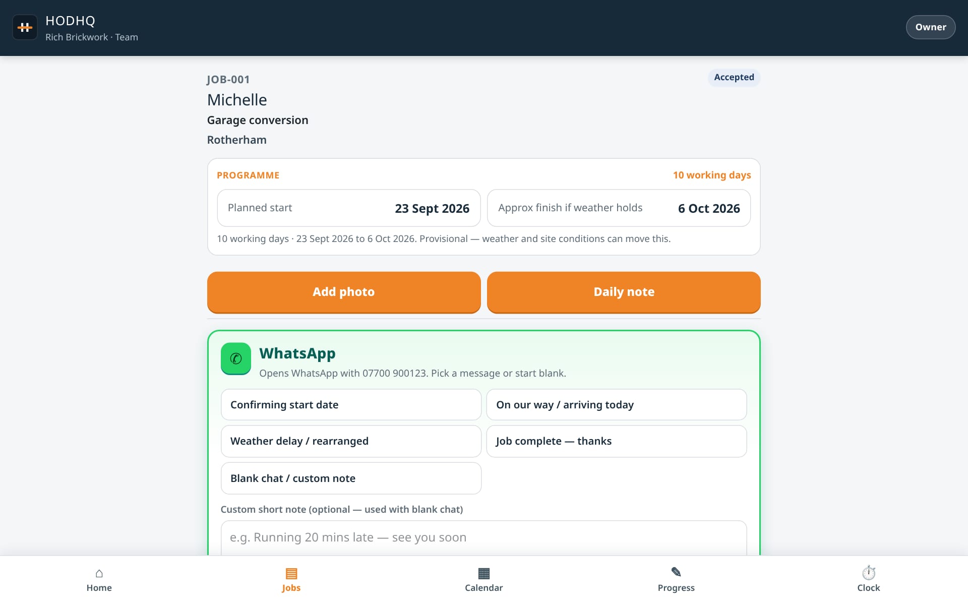 HODHQ job detail on desktop showing programme and site actions